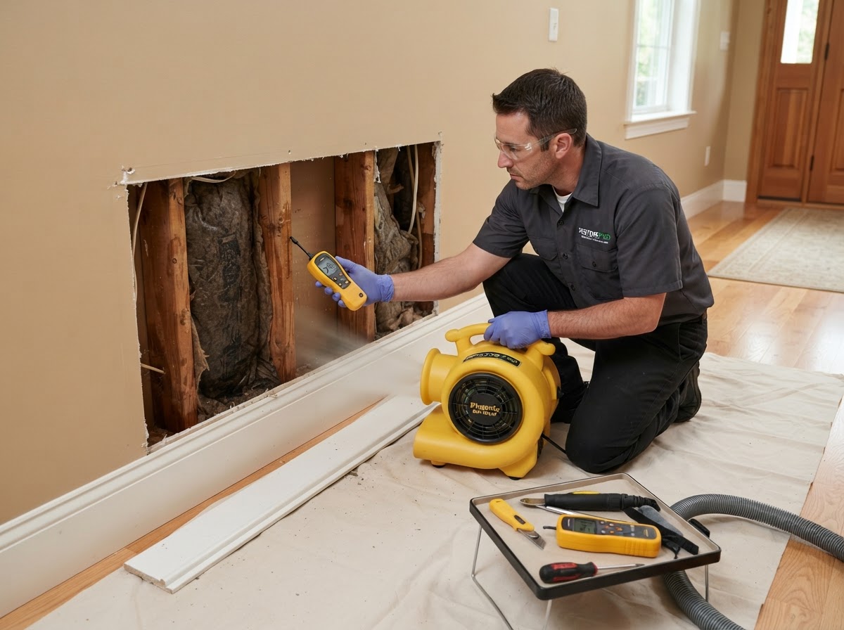 Wall water damage cleanup and cavity drying in Claremont