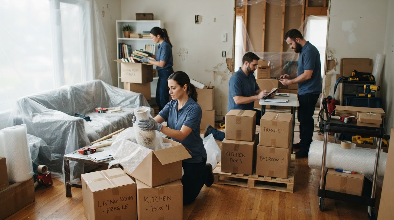 Restoration team inventorying and packing household contents after property damage