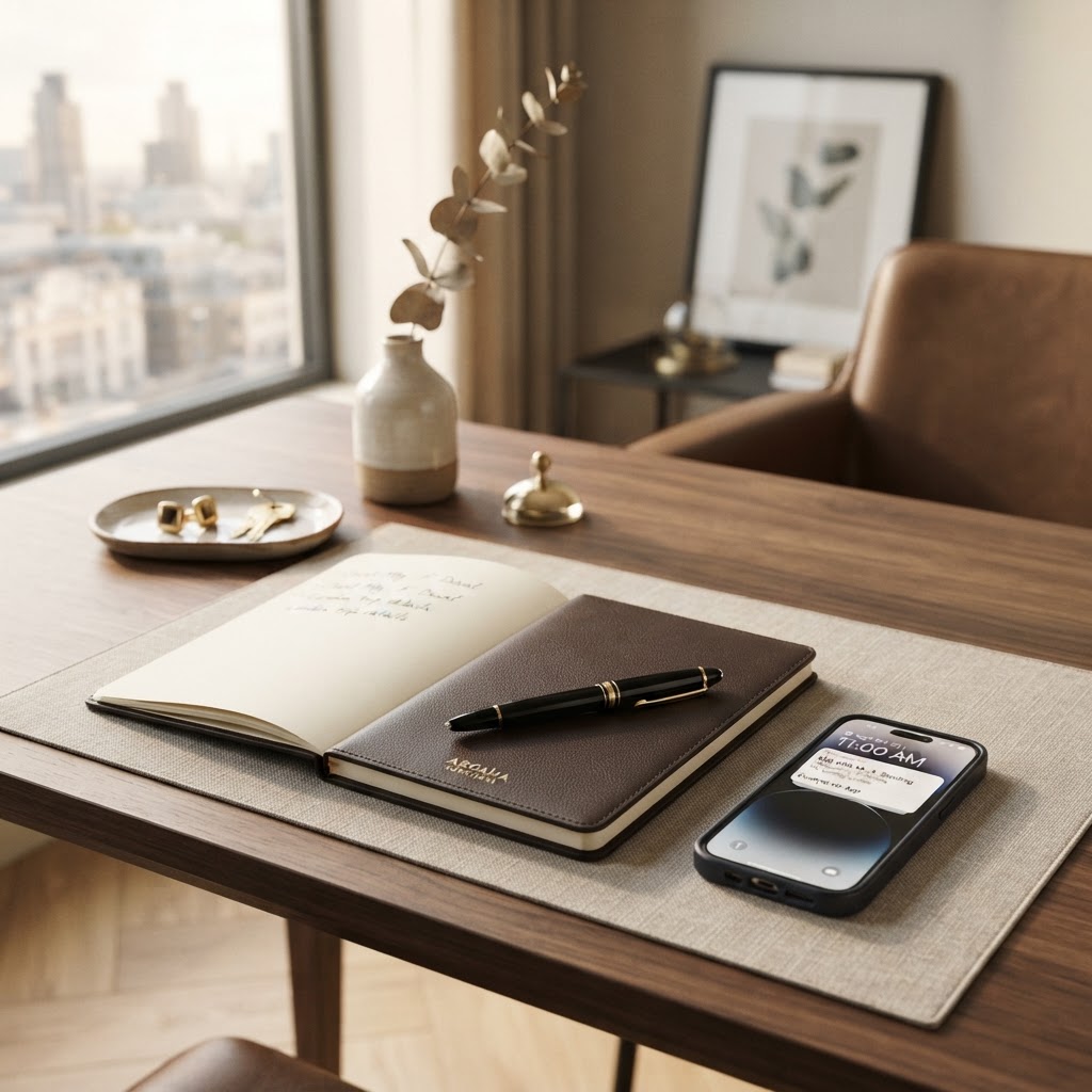 Premium desk scene with calendar appointment