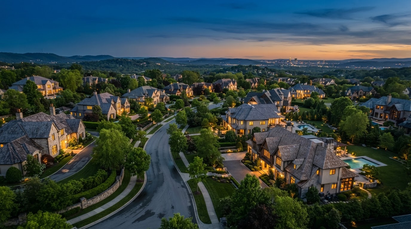 Luxury residential neighborhood at dusk
