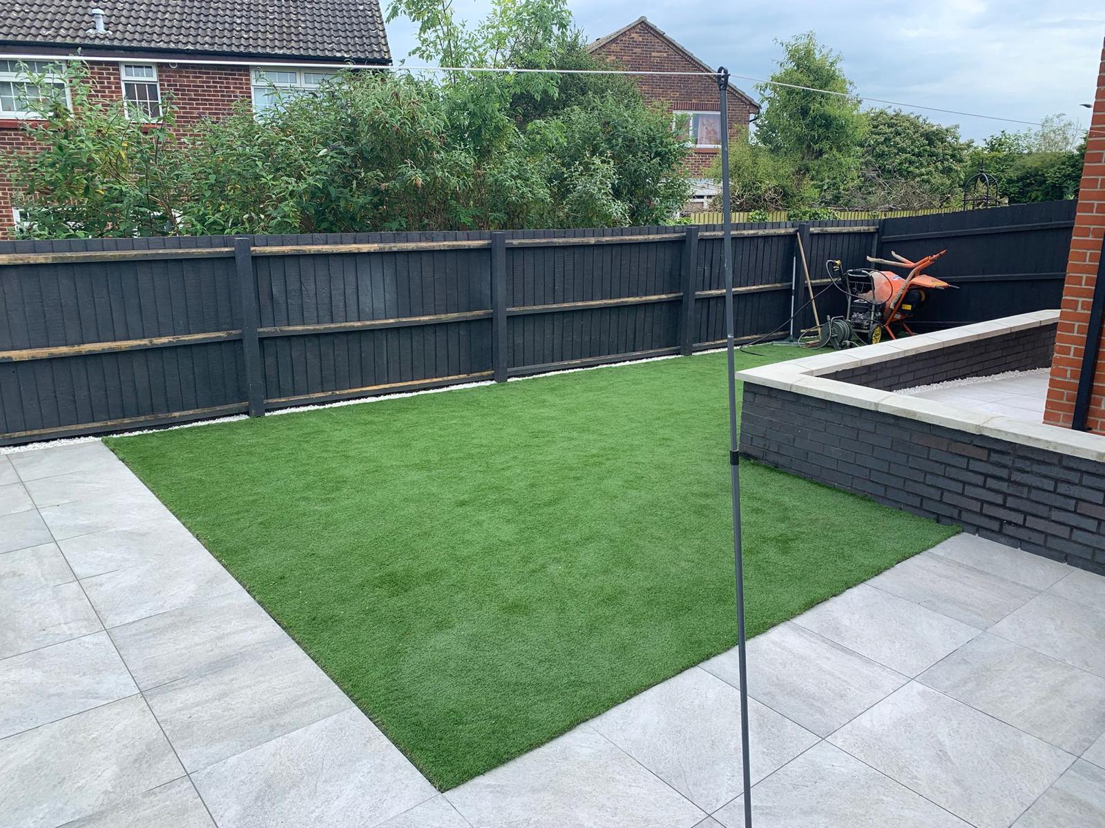 FOXECO porcelain patio and artificial lawn landscaping in Haverhill, Suffolk