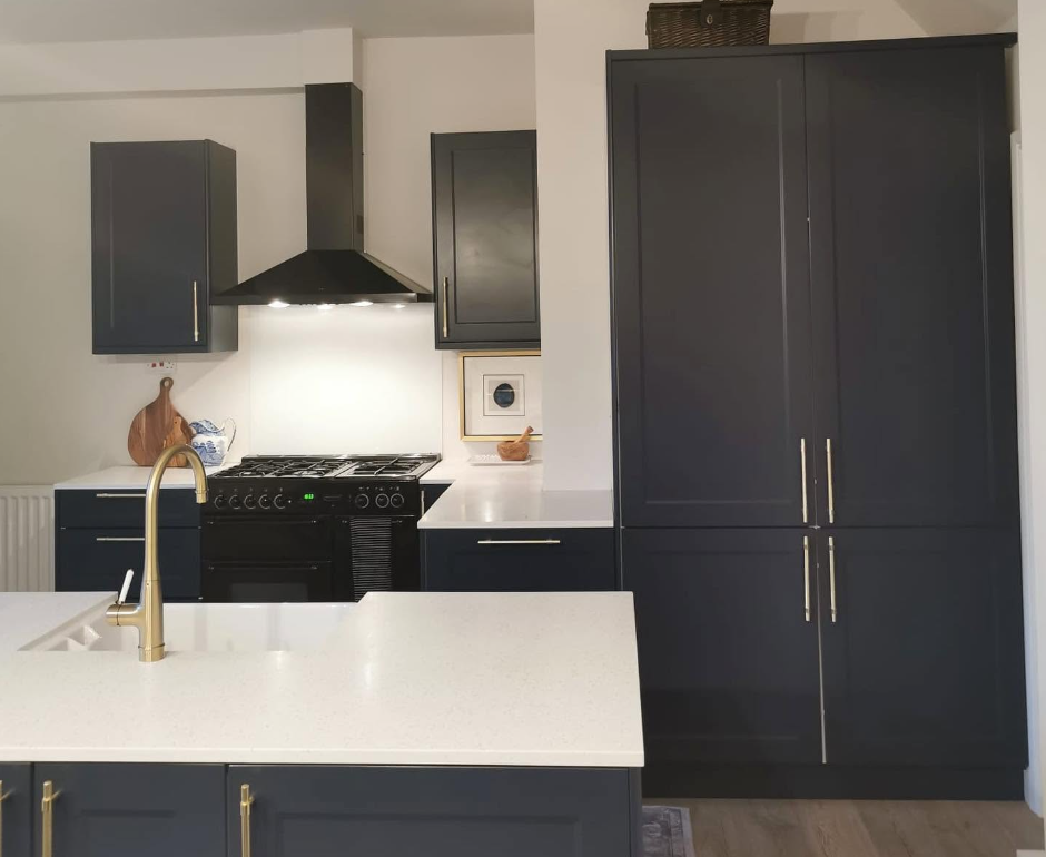 FOXECO navy shaker kitchen installation and quartz island fitting in Cambridgeshire