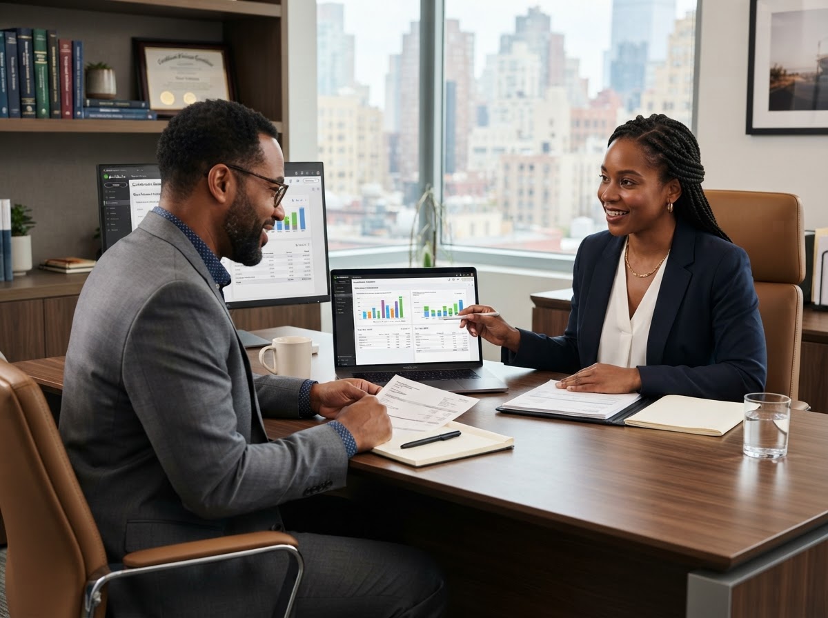 Black tax professional and client reviewing financial charts together representing proactive tax planning services