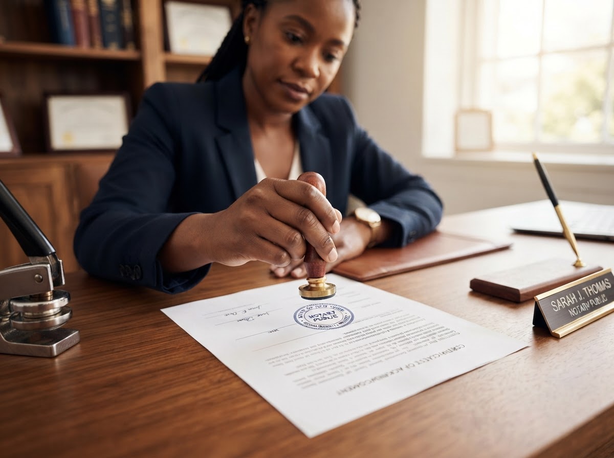 Close-up of a notary stamp and seal being pressed onto an official document representing notary services