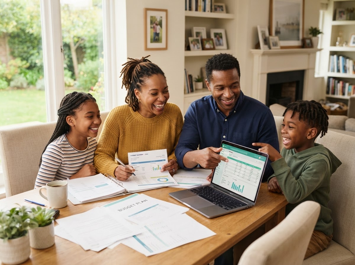 A Black family reviewing financial documents together at home representing individual tax preparation services