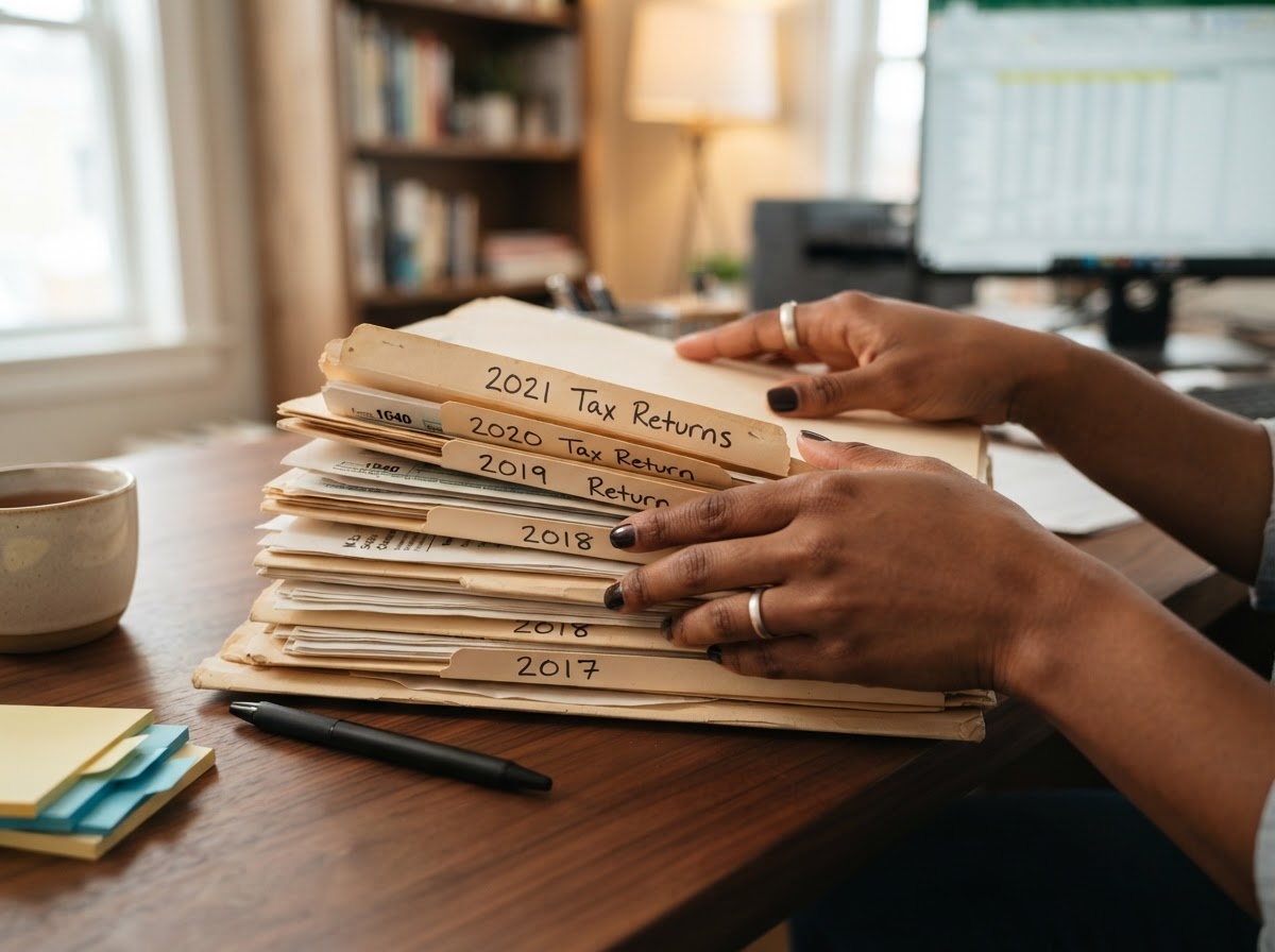 A Black person's hands organizing a stack of older tax return documents representing prior-year returns and amendments services
