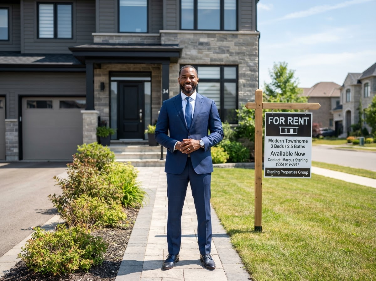 Black real estate investor standing in front of a modern rental property with a For Rent sign representing real estate investor tax services
