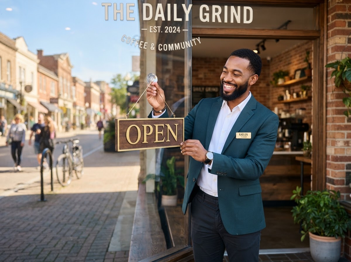 Black entrepreneur placing an Open sign in a new storefront window representing business startup services