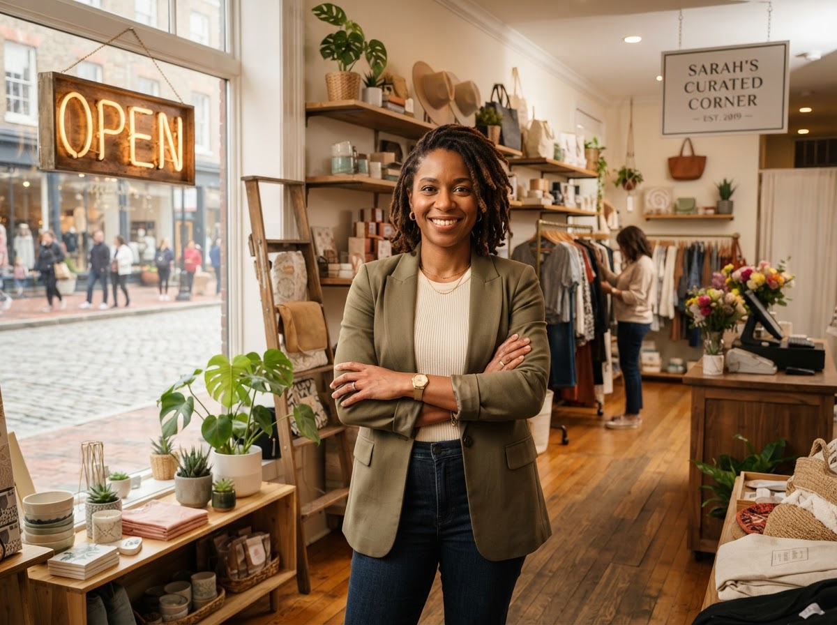 Confident Black small business owner in her boutique shop with an Open sign representing business tax preparation services