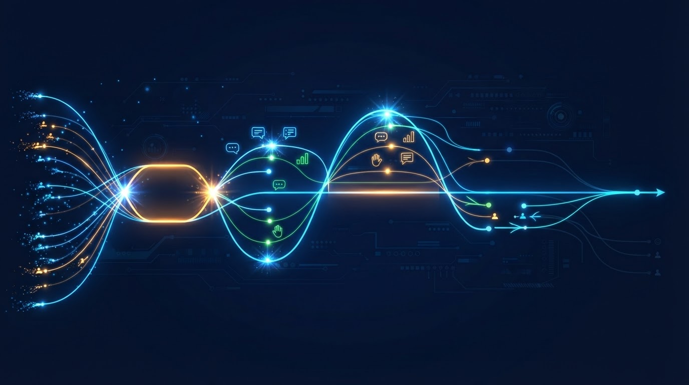 Editorial illustration of webinar attendee behavior tracking showing engagement points along a timeline