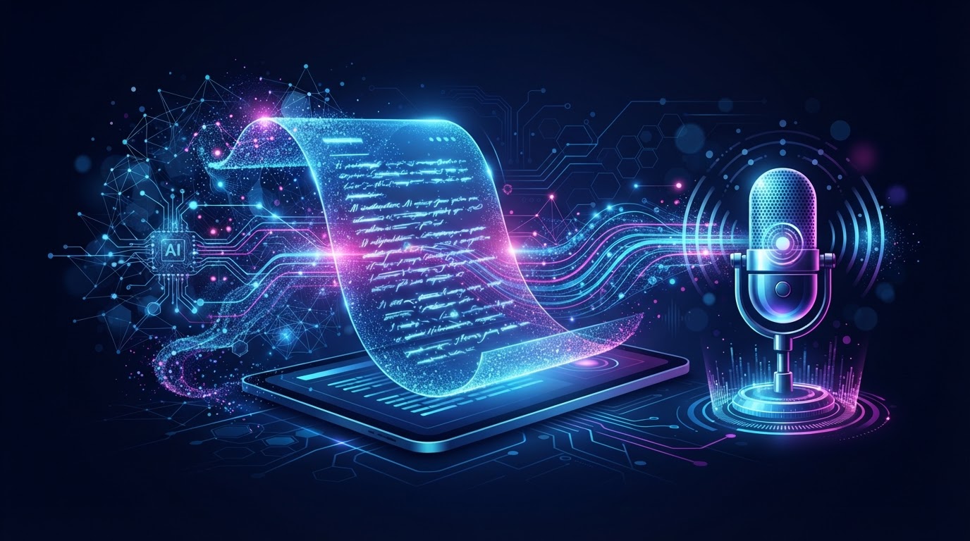 Editorial illustration of AI webinar script writing with text being assembled by AI
