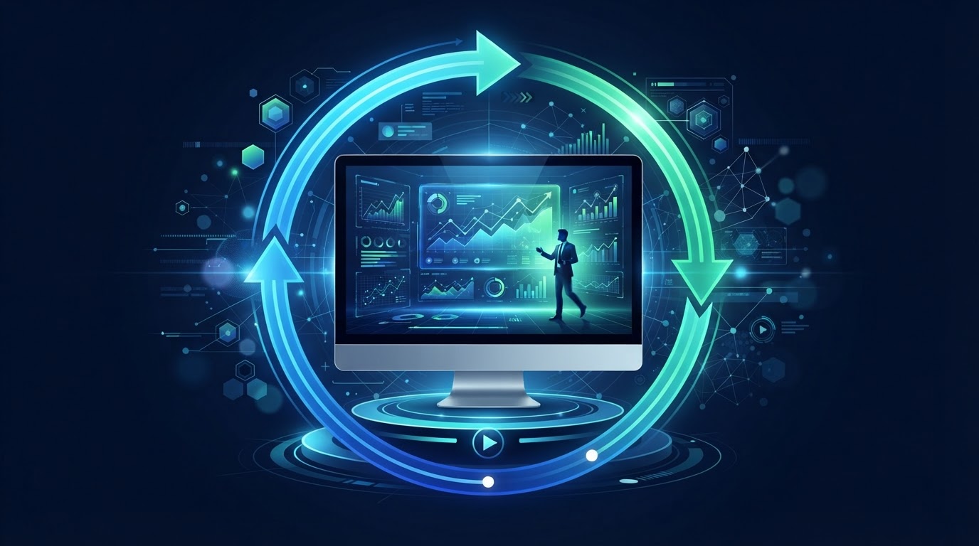 Editorial illustration of an evergreen webinar concept showing a presentation playing on a continuous loop