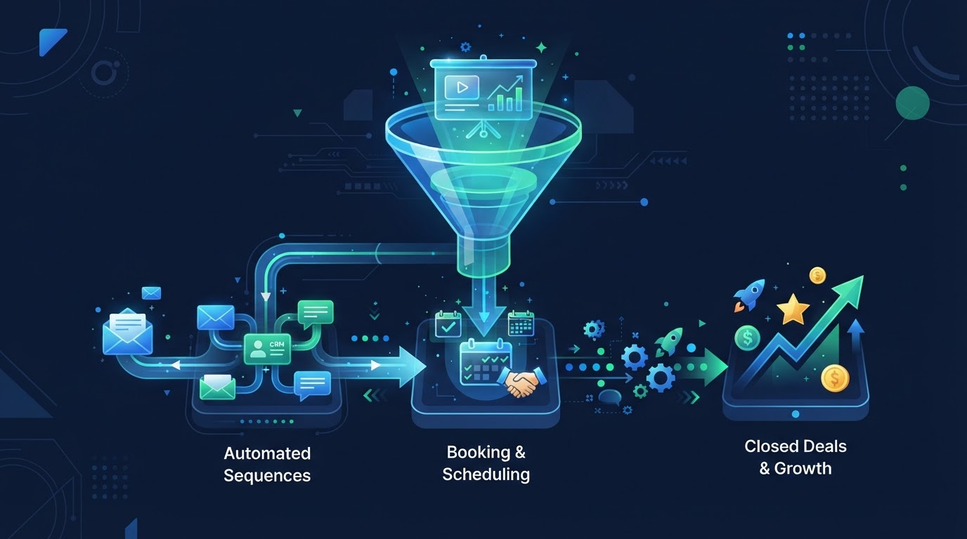 Editorial illustration of automated sales presentations showing a self-running sales process