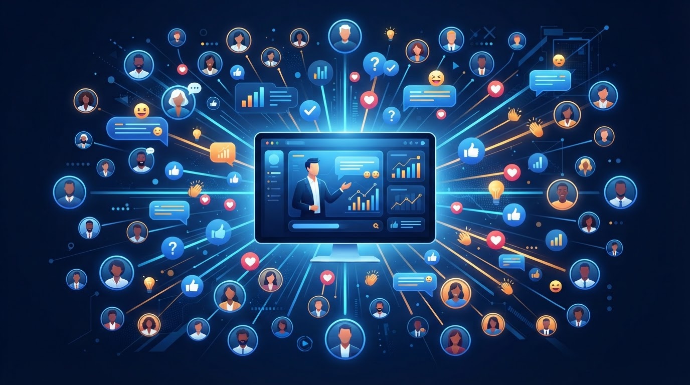 Editorial illustration of webinar engagement with attendee avatars, chat bubbles, and interaction elements