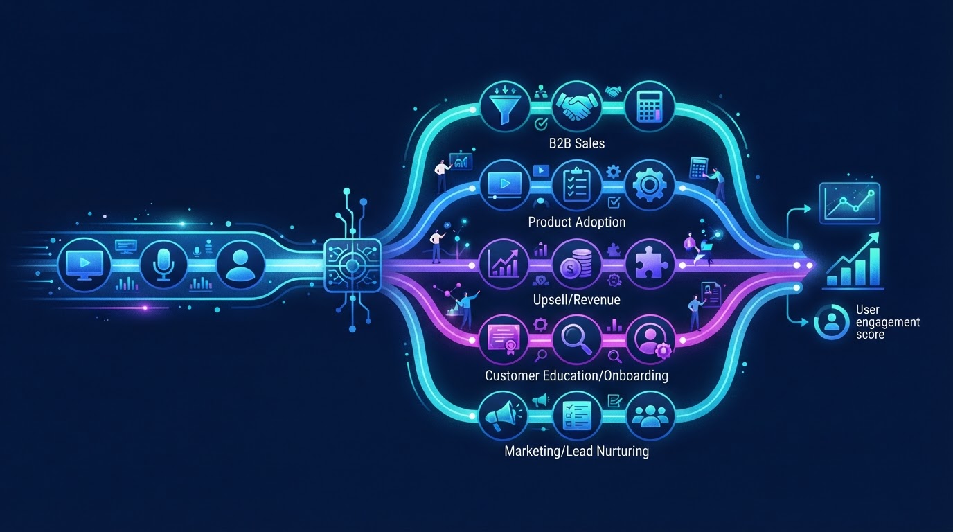 Editorial illustration of webinar personalization showing one presentation splitting into multiple paths