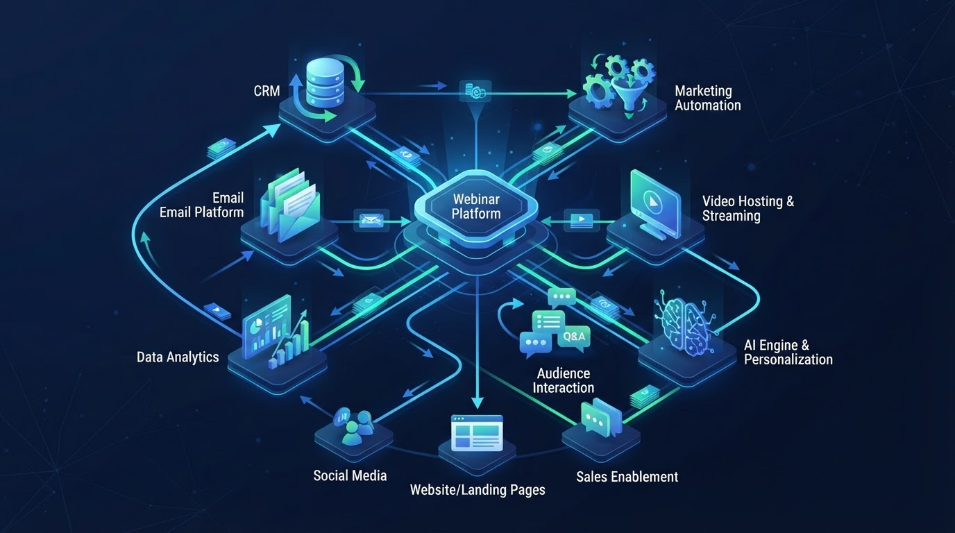 Editorial illustration of a webinar technology stack with connected software components