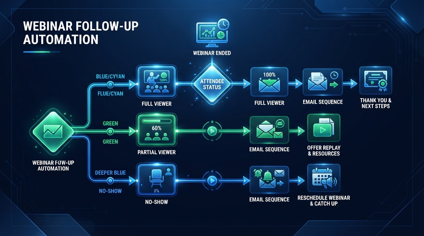 Editorial illustration of webinar follow-up automation showing branching paths based on attendee behavior