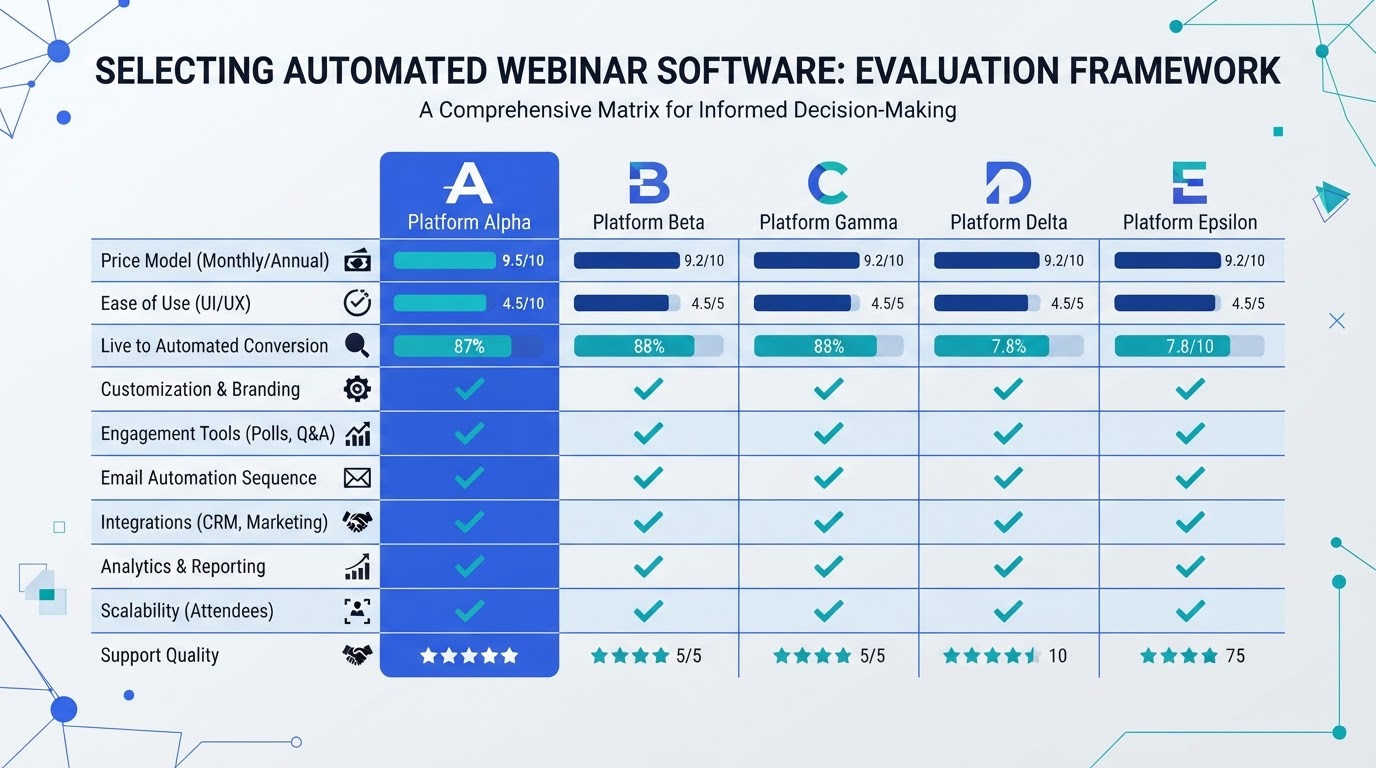 Editorial comparison graphic showing a decision framework for selecting automated webinar software