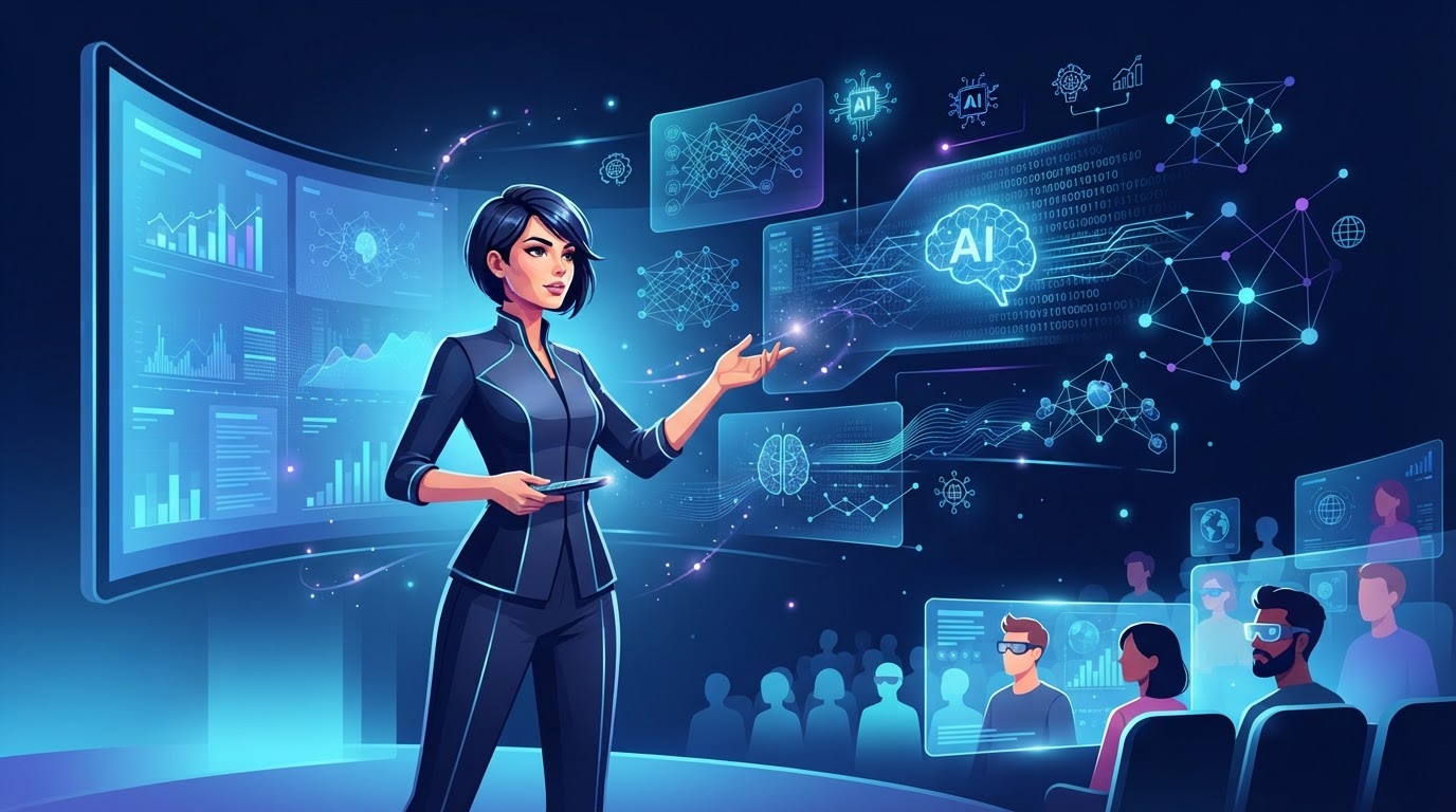 Editorial illustration of the future of AI webinars with evolving presentation technology
