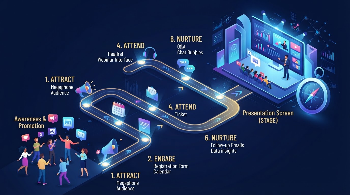 Editorial illustration of webinar marketing strategy showing a roadmap from audience to conversion