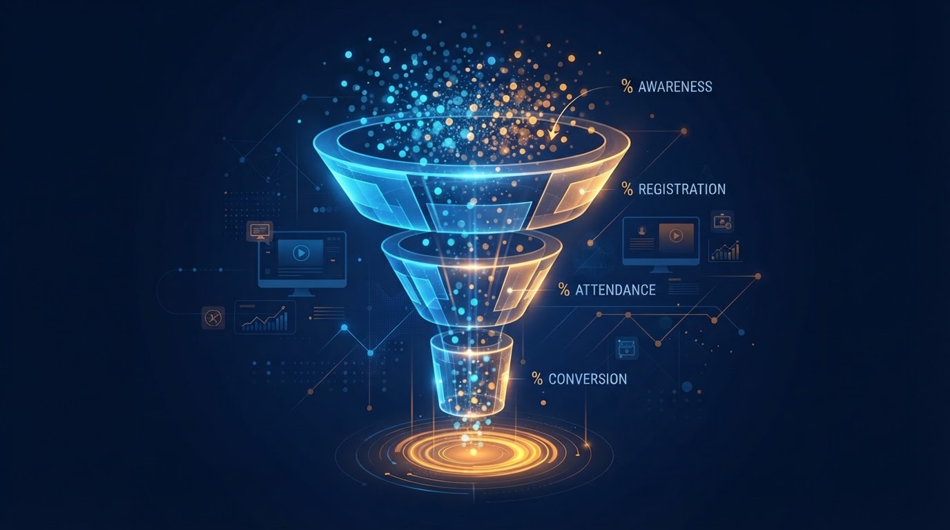Editorial illustration of webinar conversion funnel showing stages from registration to conversion