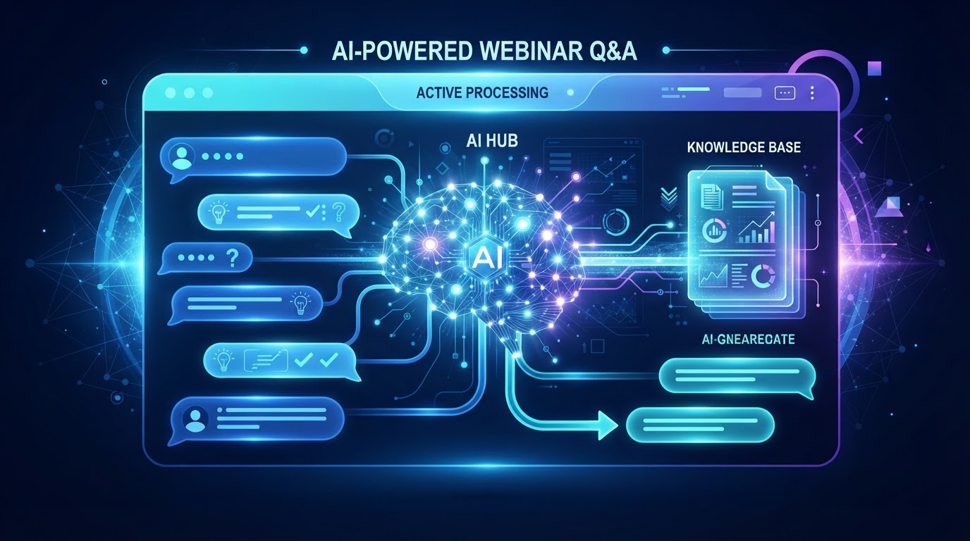 Editorial illustration of AI-powered webinar Q&A chat with question and answer bubbles connected to a knowledge base