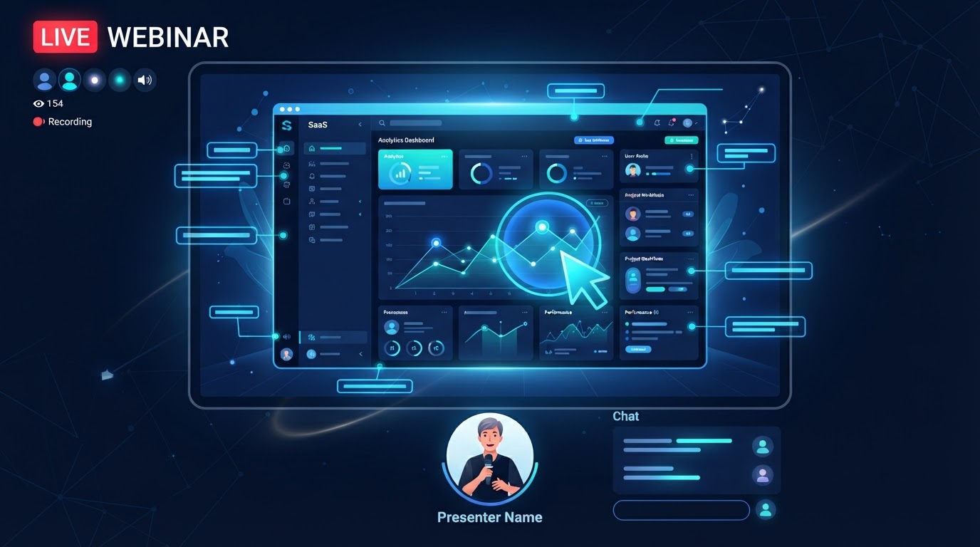 Editorial illustration of a product demo webinar showing a software interface being presented