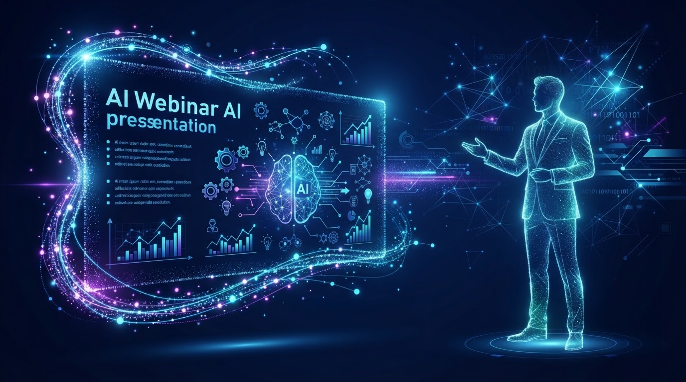 Editorial illustration of an AI webinar concept showing a presentation being generated and delivered by AI