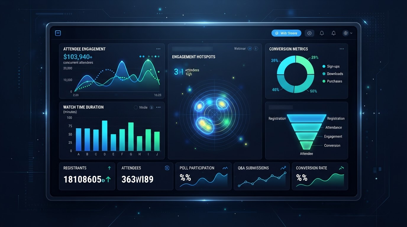 Editorial illustration of a webinar analytics dashboard with engagement and conversion metrics