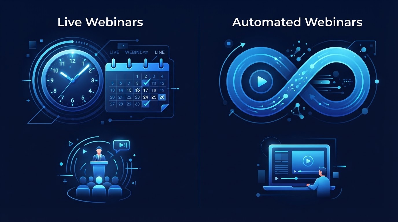 Editorial comparison illustration showing automated webinars versus live webinars side by side