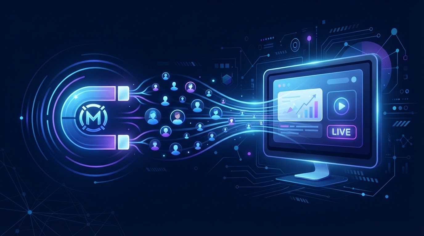 Editorial illustration of webinar lead generation with leads flowing into a webinar screen