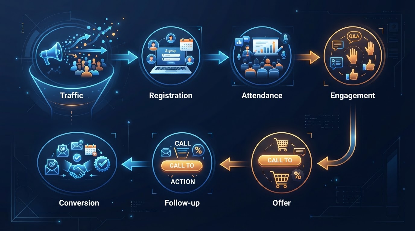 Editorial illustration of a webinar funnel blueprint showing stages from traffic to conversion