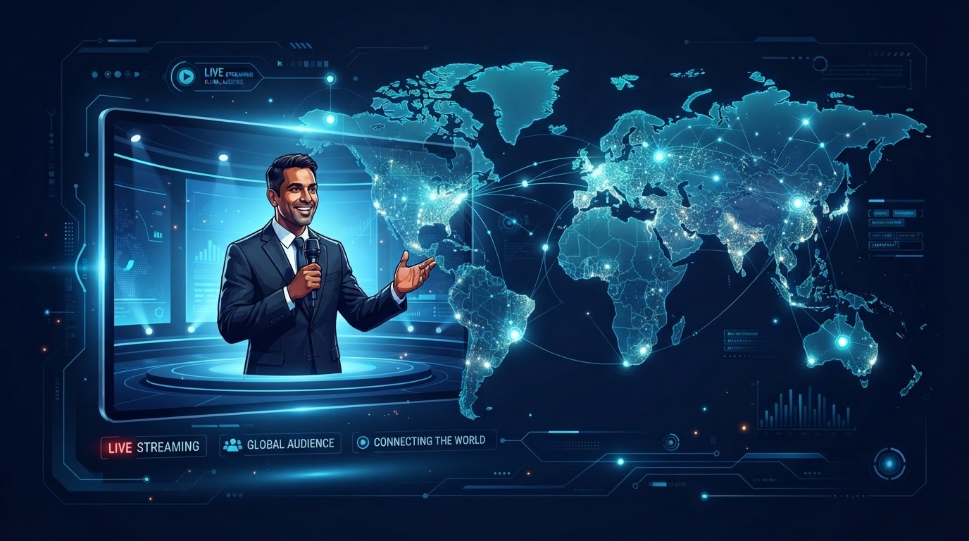 Editorial illustration of virtual presentation technology with a presenter reaching a global audience