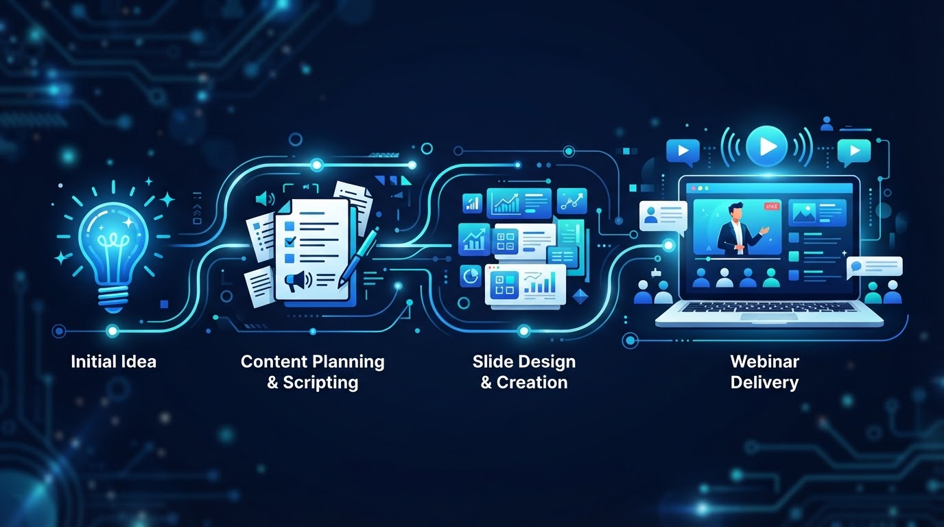 Editorial illustration of the webinar creation process showing steps from idea to live presentation