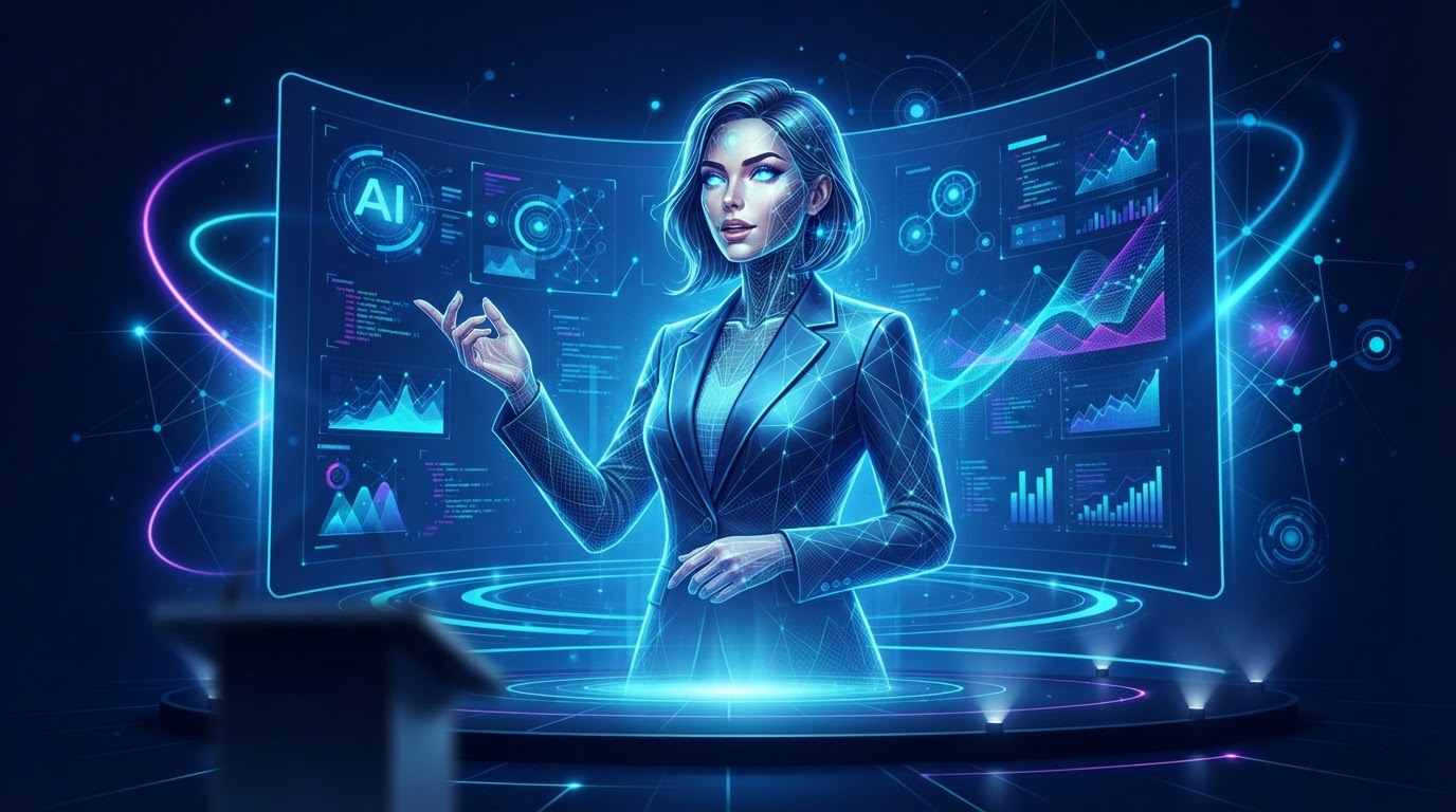 Editorial illustration of an AI webinar presenter delivering a presentation on screen