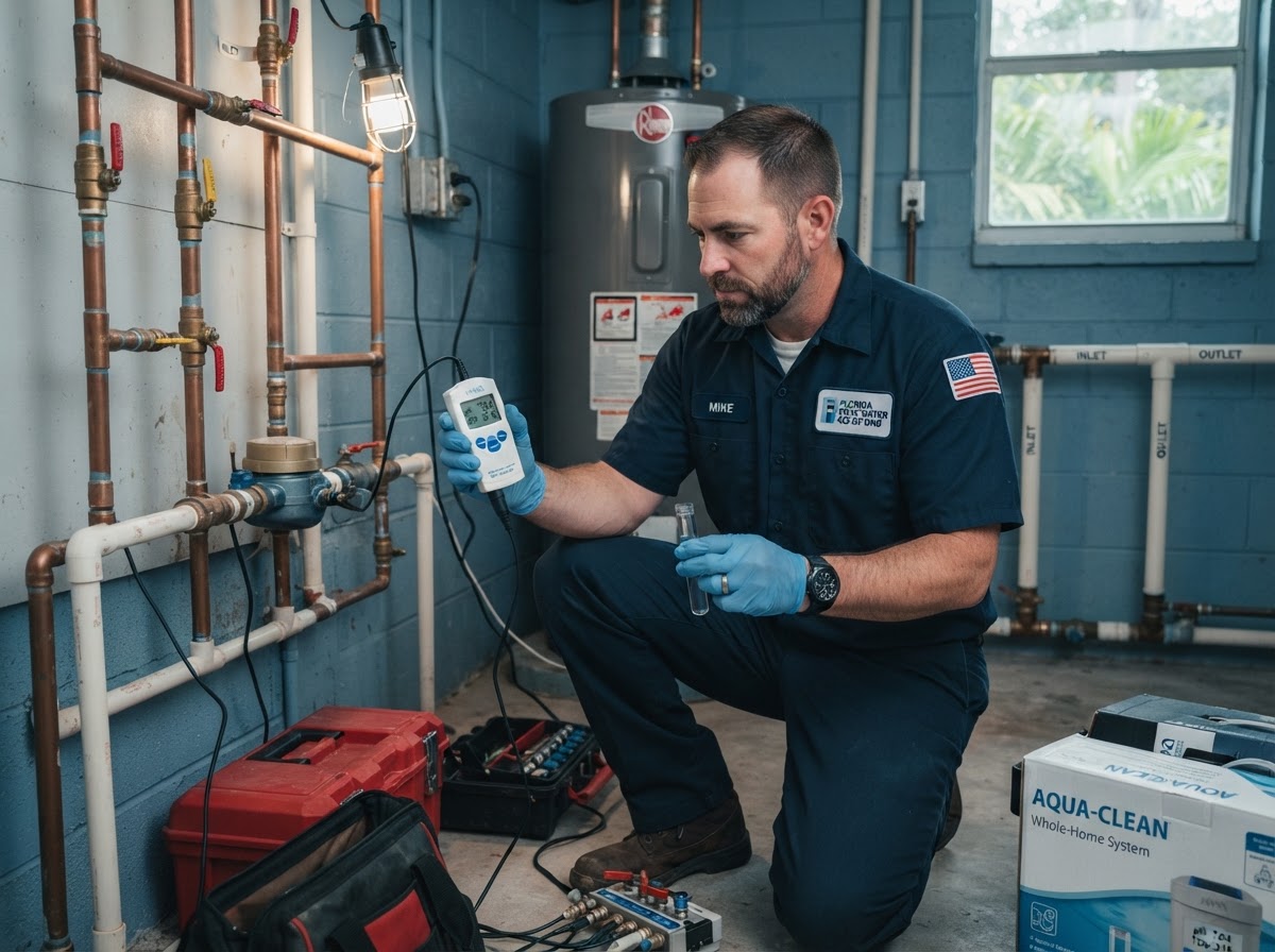 Experienced technician testing household water lines before installing advanced whole-home filtration equipment in Fort Myers