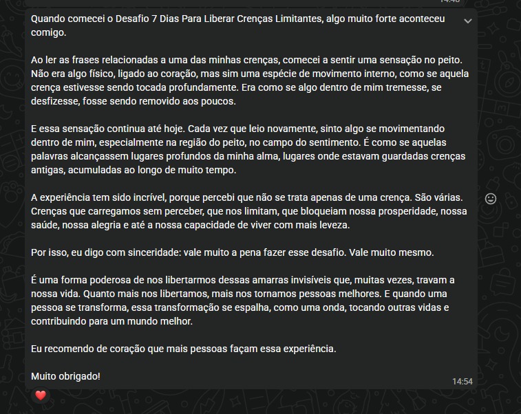 Depoimento em mensagem sobre a liberação de crenças limitantes