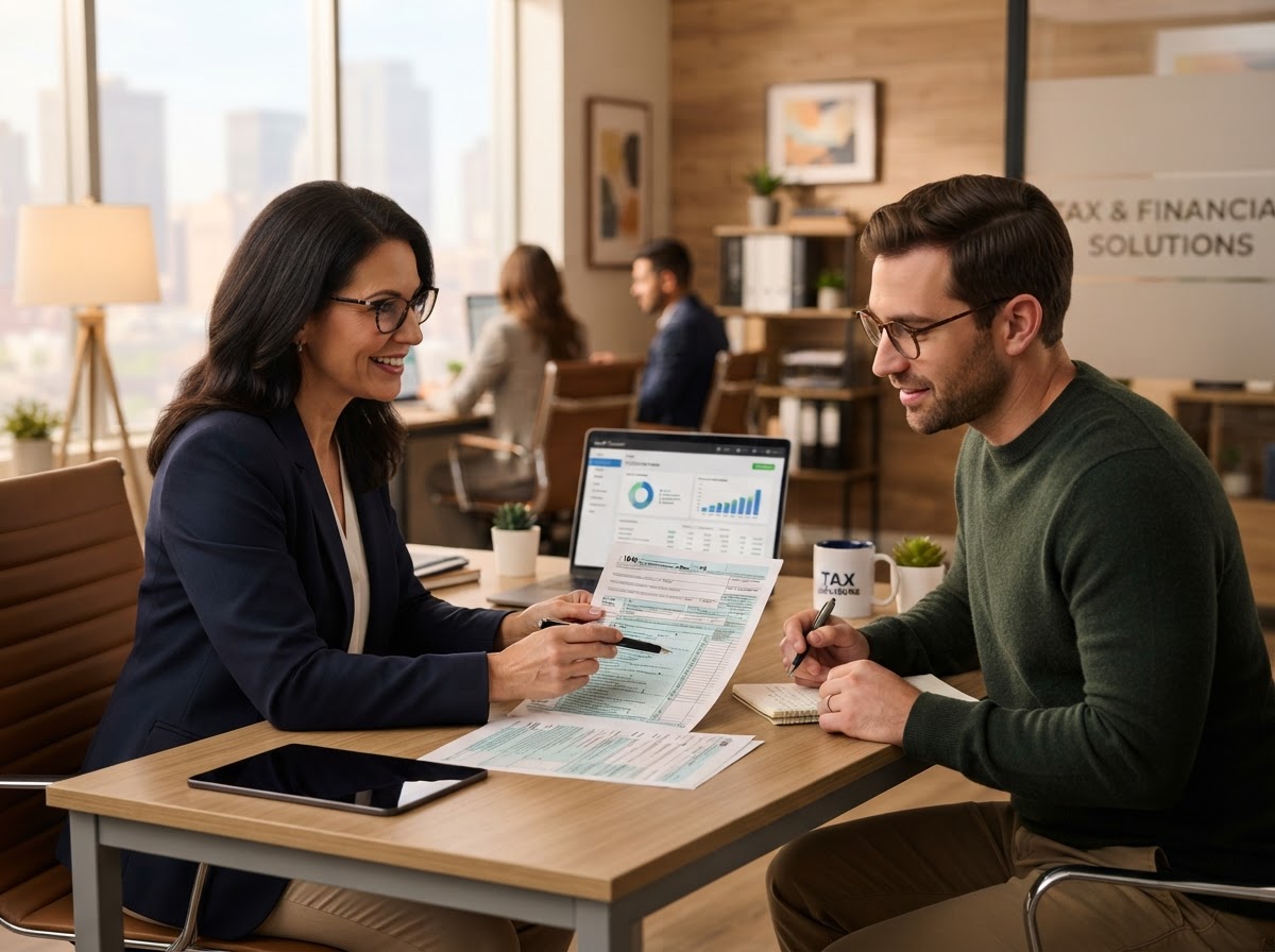 Tax preparer answering a client's tax questions at a desk