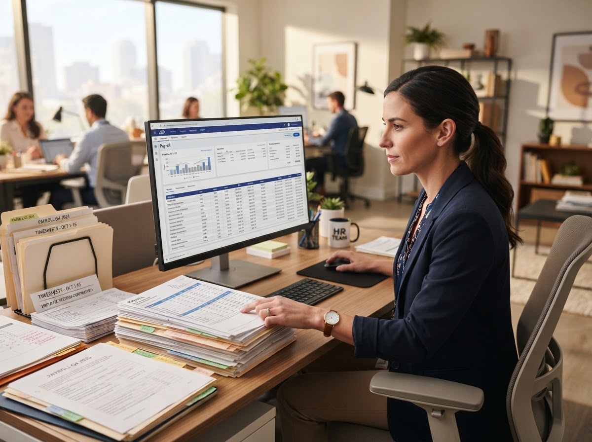 Payroll specialist reviewing employee timesheets and payroll reports