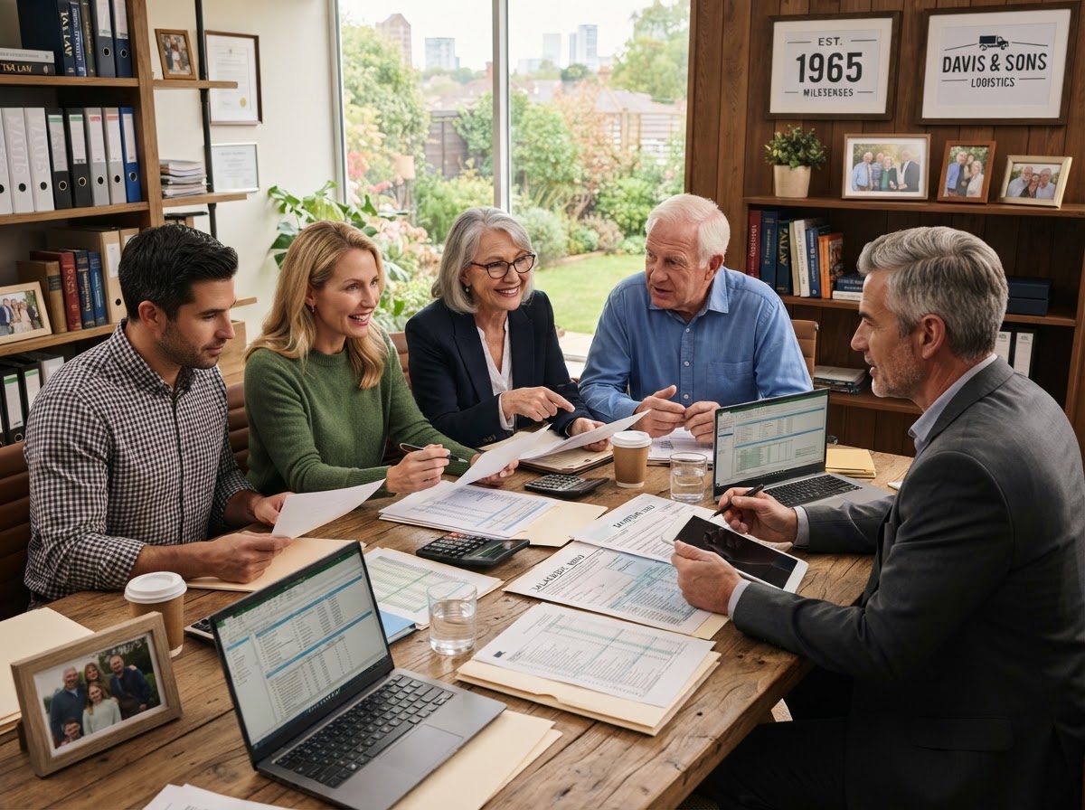 Family business team reviewing financial and tax documents with an advisor