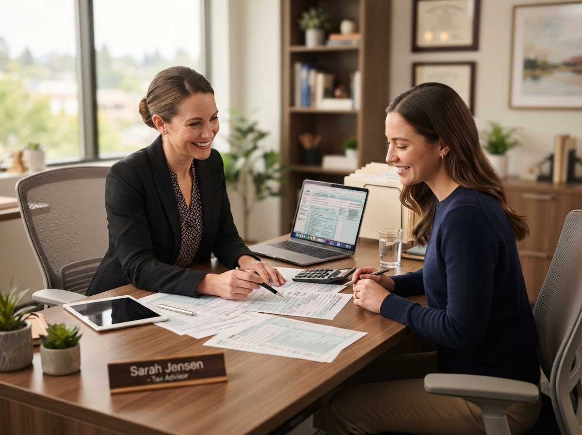 Tax professional helping an individual with personal income tax documents