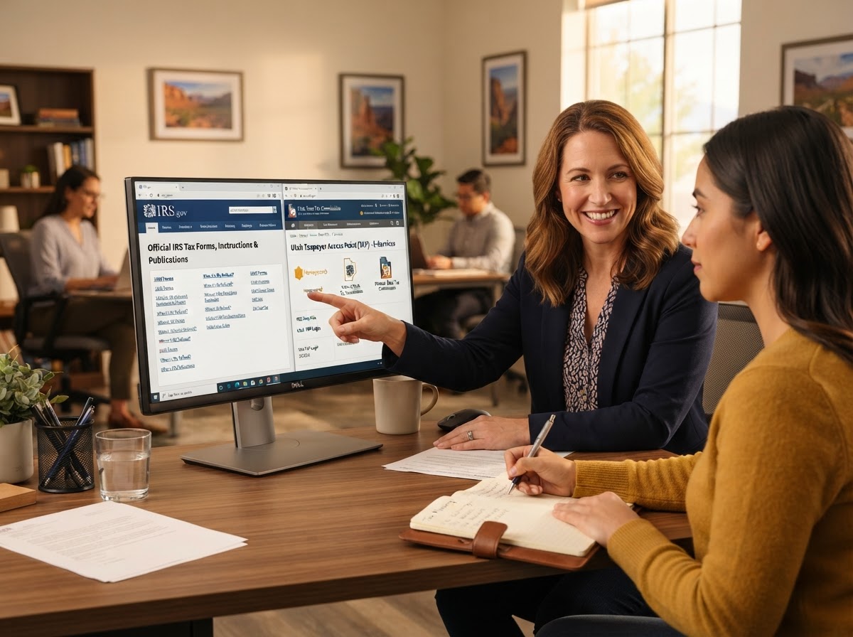 Tax professional pointing to official IRS and Utah state tax website resources