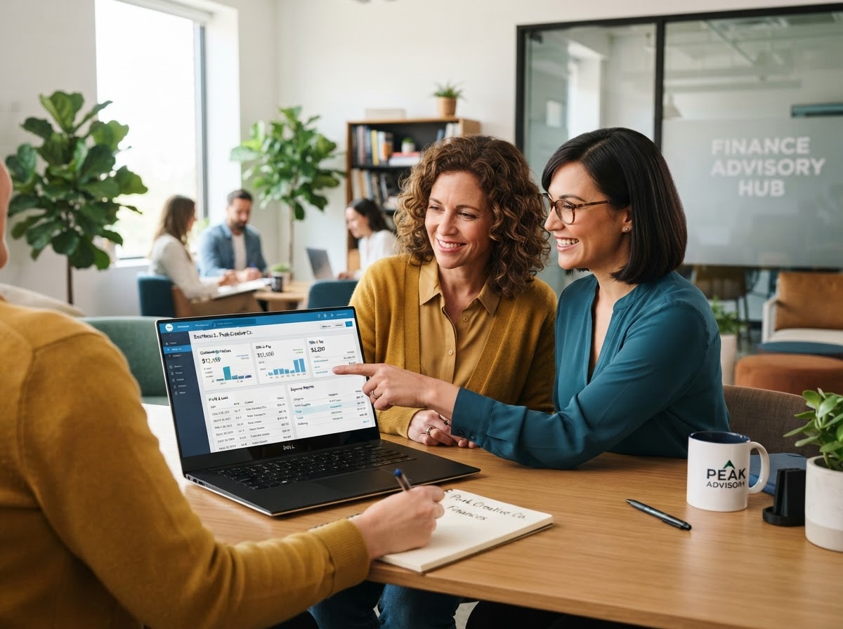 Advisor showing a business owner how to use accounting software