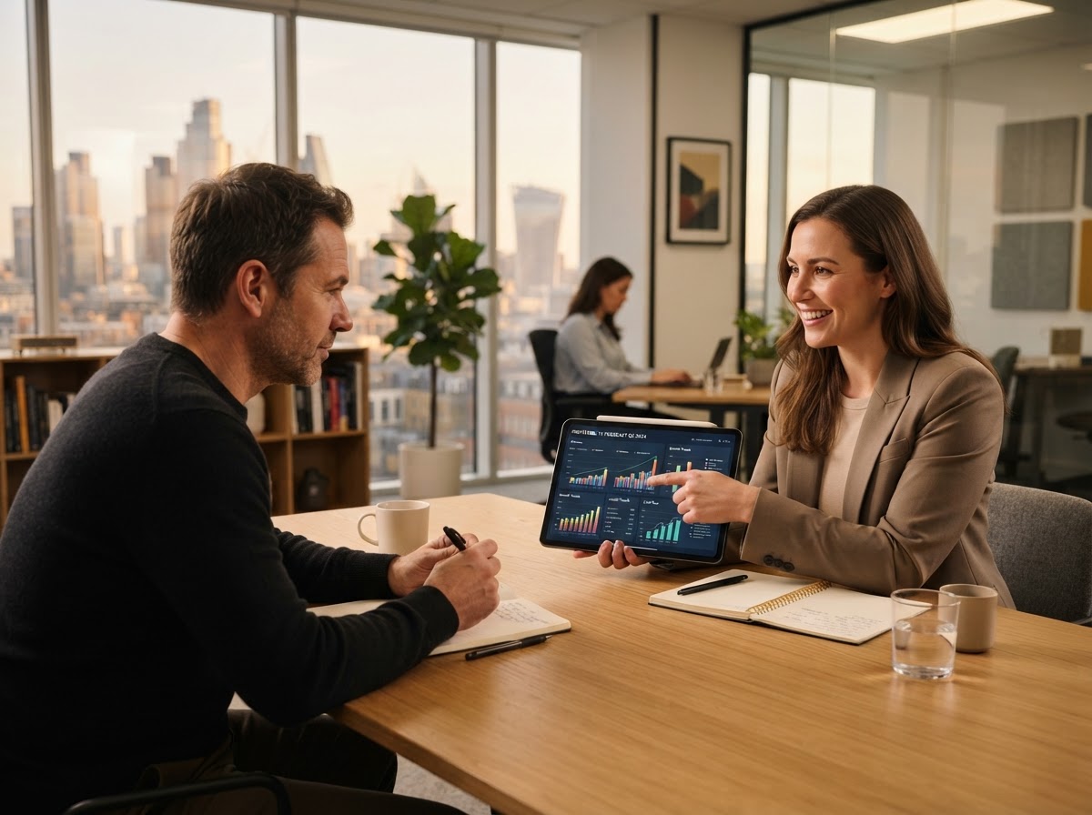 Business consultant presenting a financial plan to a business owner