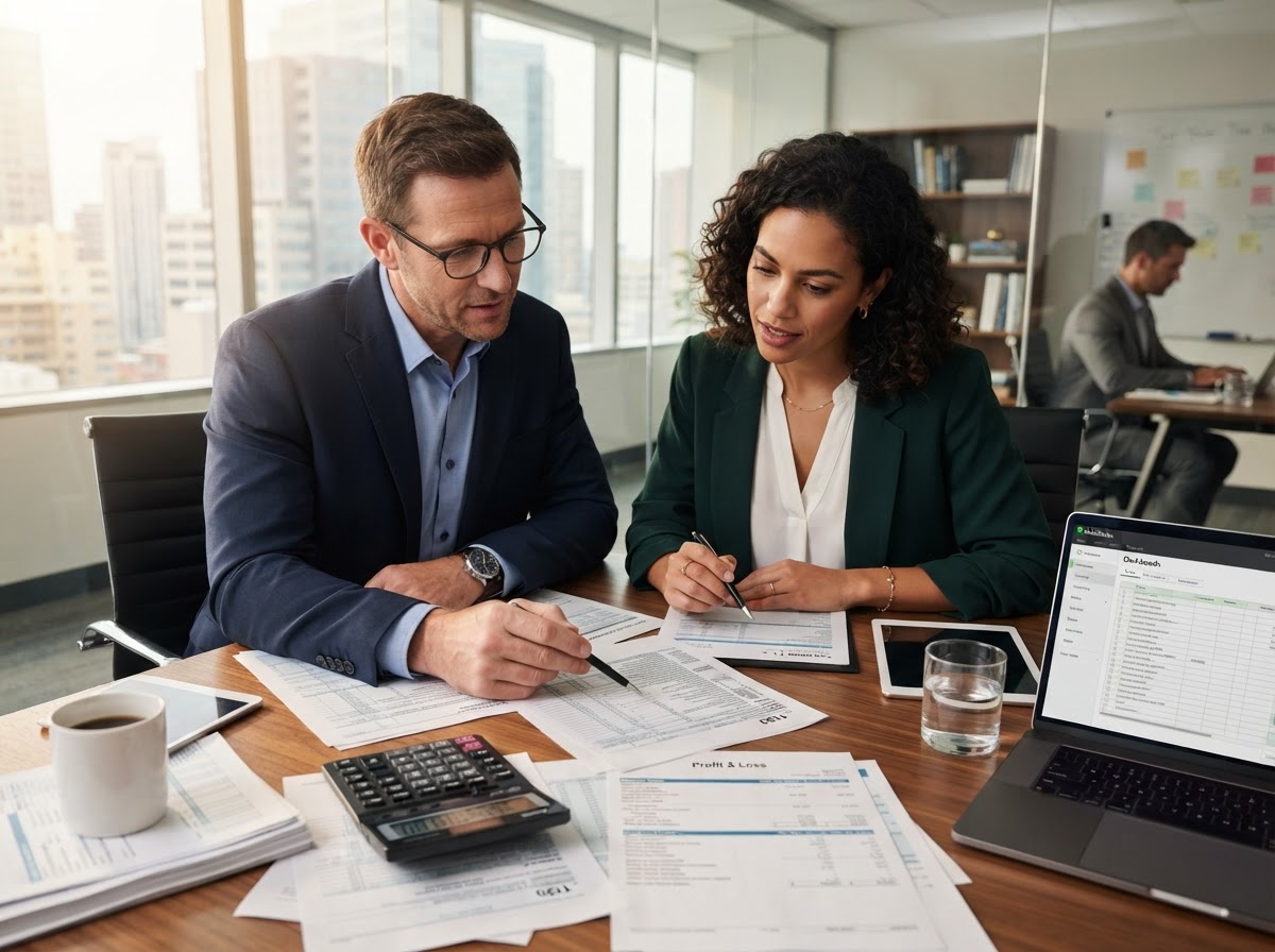 Tax professional reviewing business tax returns with a business owner