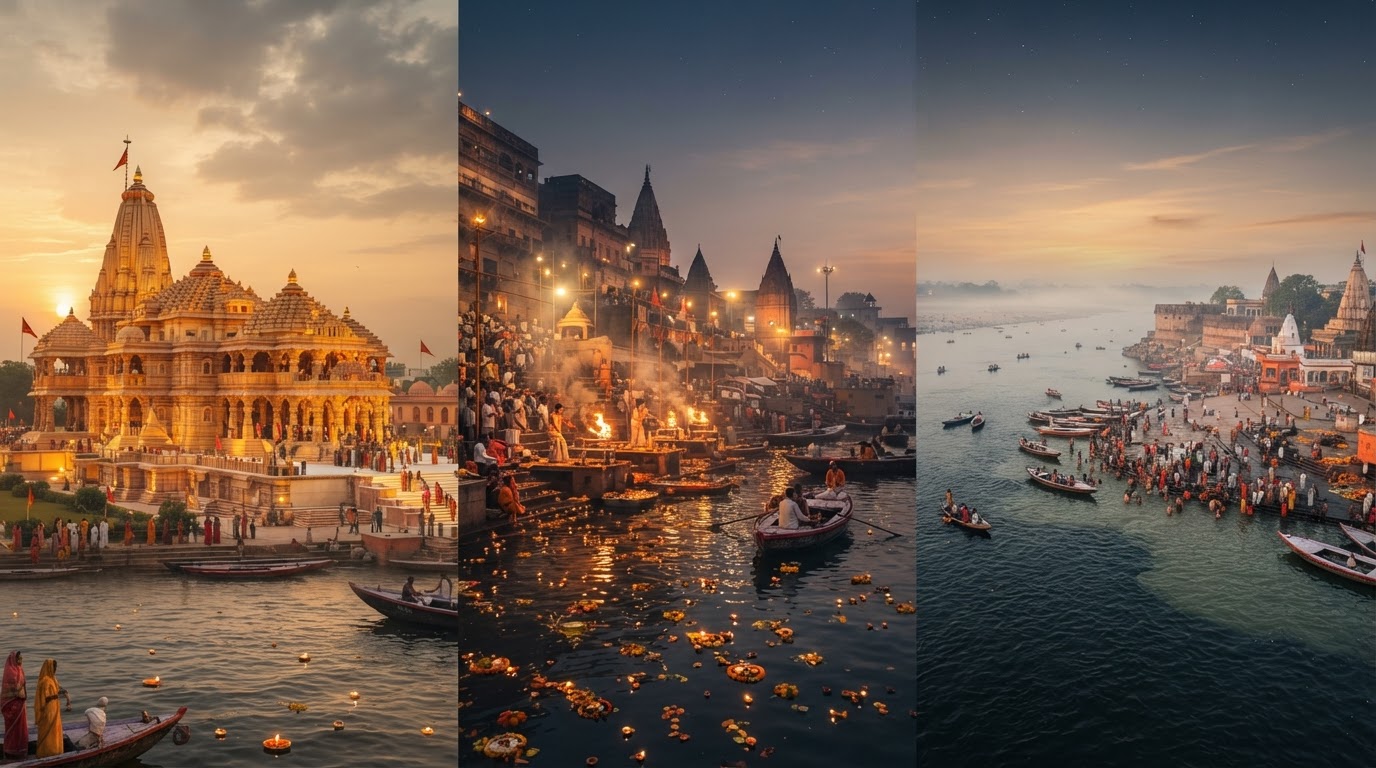 Ram Mandir Ayodhya, Varanasi ghats Ganga Aarti and Triveni Sangam Prayagraj pilgrimage
