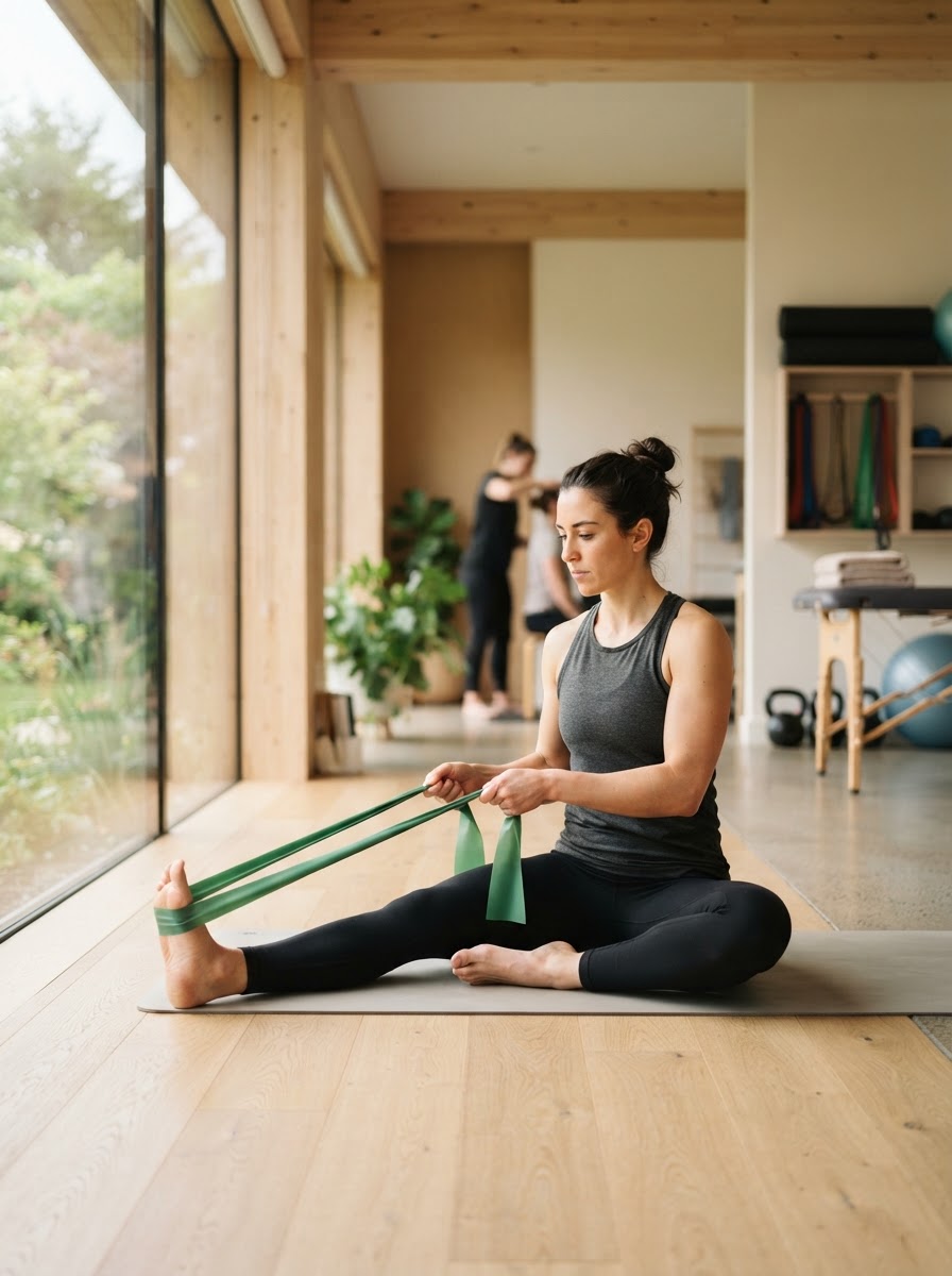 Athletic person stretching with a resistance band in a bright studio