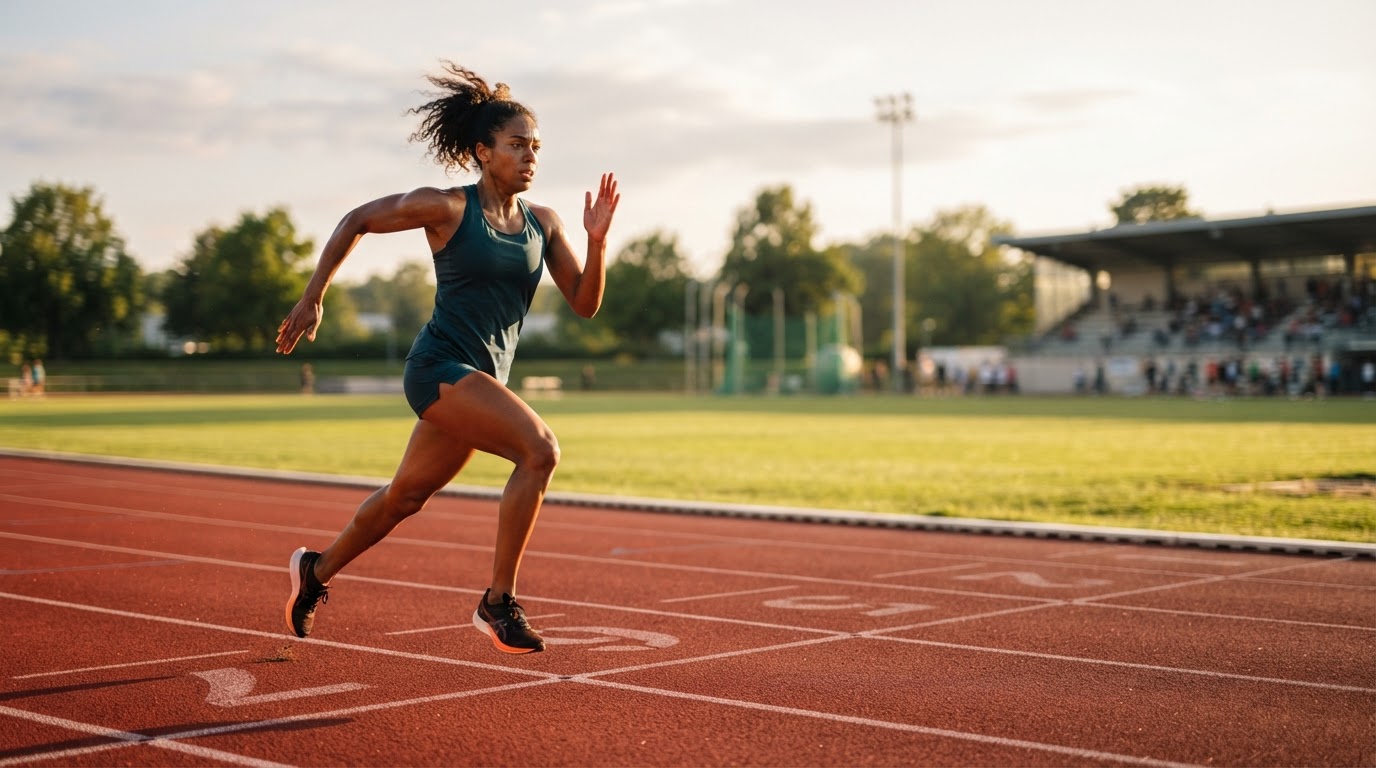 Person running in motion on a sunlit track
