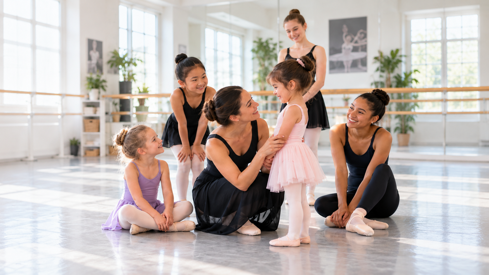 Dance teacher kneeling beside a young ballet student surrounded by classmates in a dance studio