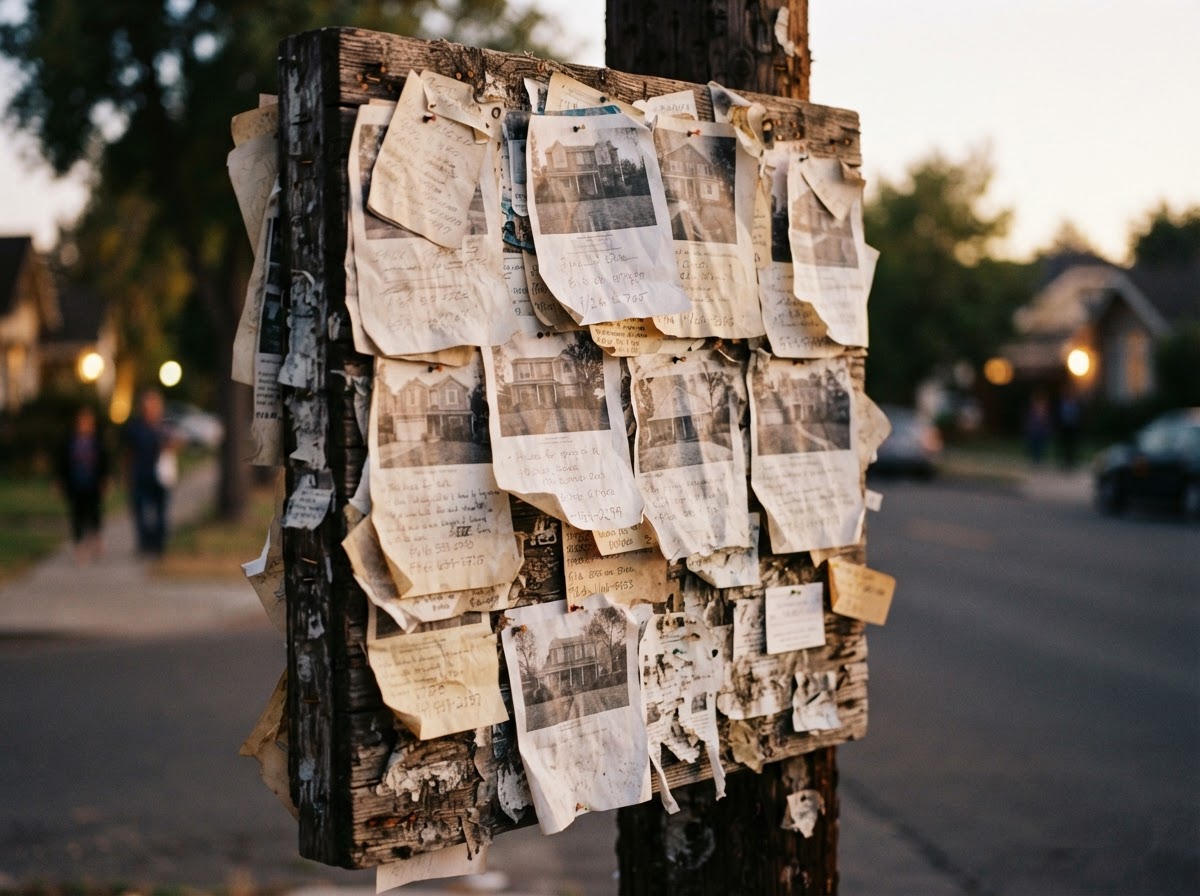 A weathered real estate listing flyer wall covered in house-for-sale flyers at dusk